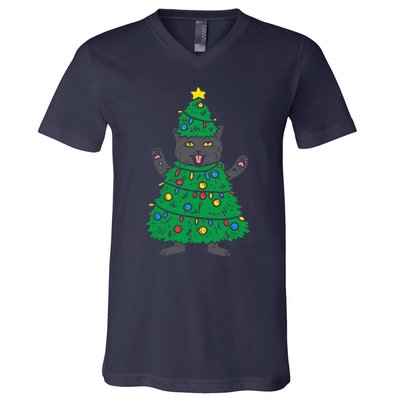 Meowy Black Cat Christmas Tree Funny Kitten Cat Owner V-Neck T-Shirt