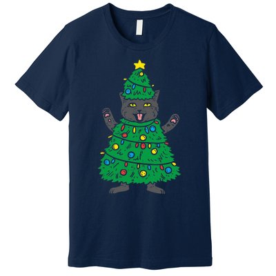 Meowy Black Cat Christmas Tree Funny Kitten Cat Owner Premium T-Shirt