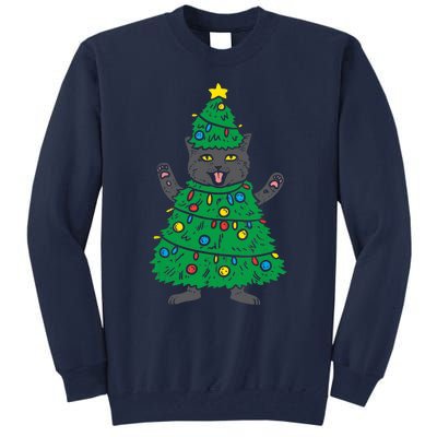 Meowy Black Cat Christmas Tree Funny Kitten Cat Owner Tall Sweatshirt