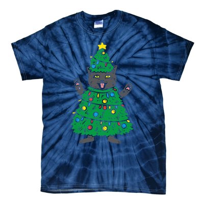 Meowy Black Cat Christmas Tree Funny Kitten Cat Owner Tie-Dye T-Shirt