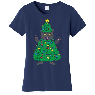 Meowy Black Cat Christmas Tree Funny Kitten Cat Owner Women's T-Shirt