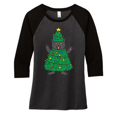 Meowy Black Cat Christmas Tree Funny Kitten Cat Owner Women's Tri-Blend 3/4-Sleeve Raglan Shirt