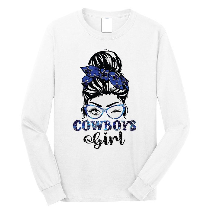 Messy Bun Cowboys Girl Sport Fan Long Sleeve Shirt