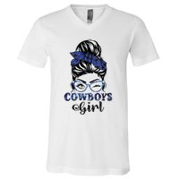 Messy Bun Cowboys Girl Sport Fan V-Neck T-Shirt