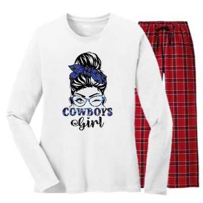 Messy Bun Cowboys Girl Sport Fan Women's Long Sleeve Flannel Pajama Set 