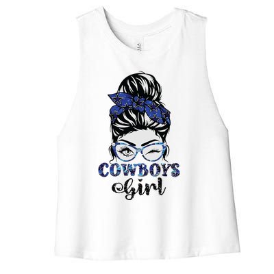 Messy Bun Cowboys Girl Sport Fan Women's Racerback Cropped Tank