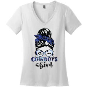 Messy Bun Cowboys Girl Sport Fan Women's V-Neck T-Shirt