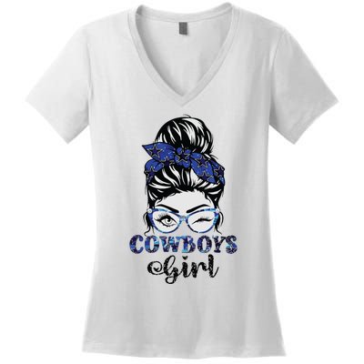 Messy Bun Cowboys Girl Sport Fan Women's V-Neck T-Shirt