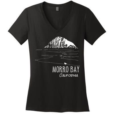 Morro Bay California Morro Rock Ca Drawing Souvenir Line Art Women's V-Neck T-Shirt