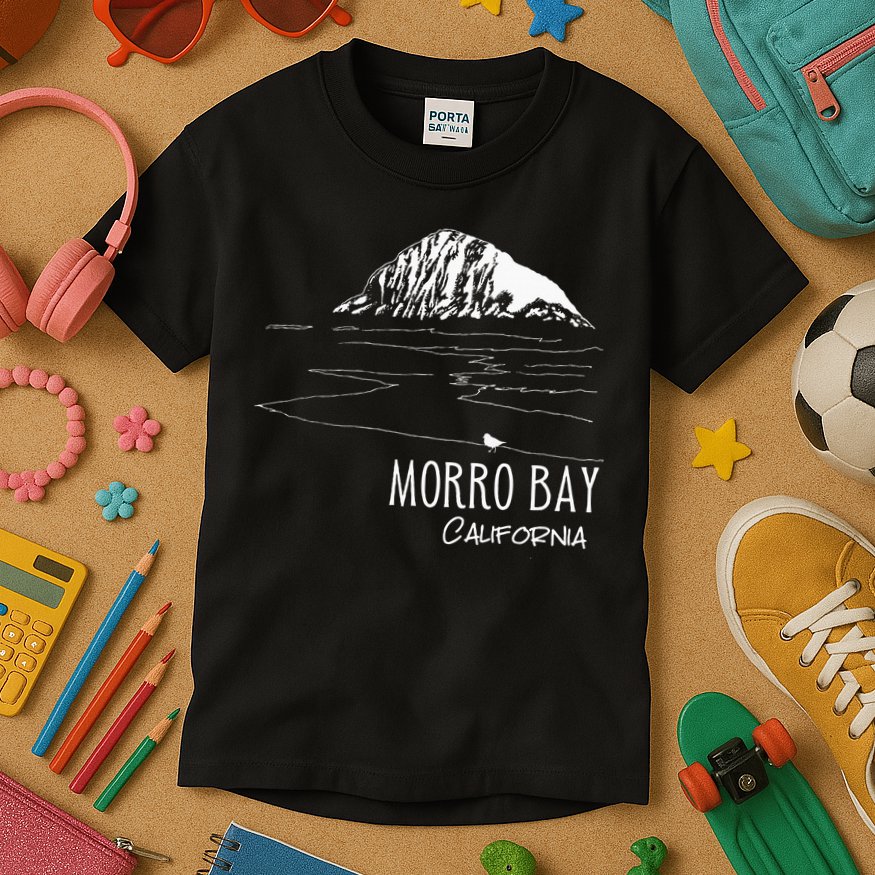 Morro Bay California Morro Rock Ca Drawing Souvenir Line Art Kids T-Shirt