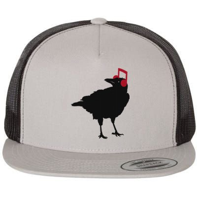 Music Bird Crow Musical Note A Black Crow A Red Headphone Flat Bill Trucker Hat