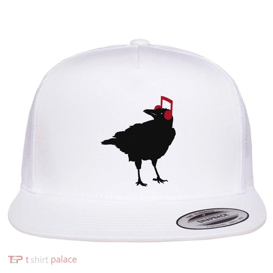 Music Bird Crow Musical Note A Black Crow A Red Headphone Flat Bill Trucker Hat
