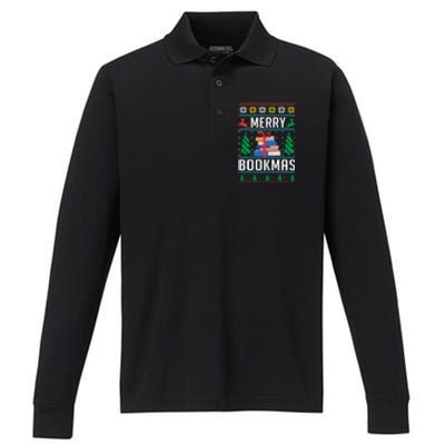 Merry Bookmas Christmas Holiday Book Lover Xmas Performance Long Sleeve Polo