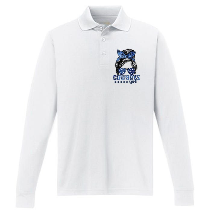 Messy Bun Cowboys Girl Sport Fan Performance Long Sleeve Polo