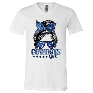 Messy Bun Cowboys Girl Sport Fan V-Neck T-Shirt