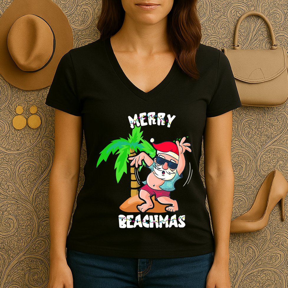 Merry Beach Christmas In July Funny Santa Xmas Pool Party Women's V-Neck T-Shirt