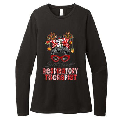 Messy Bun Christmas SantaS Favorite Respiratory Therapist Womens CVC Long Sleeve Shirt