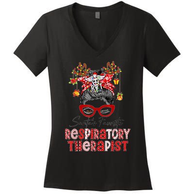 Messy Bun Christmas SantaS Favorite Respiratory Therapist Women's V-Neck T-Shirt