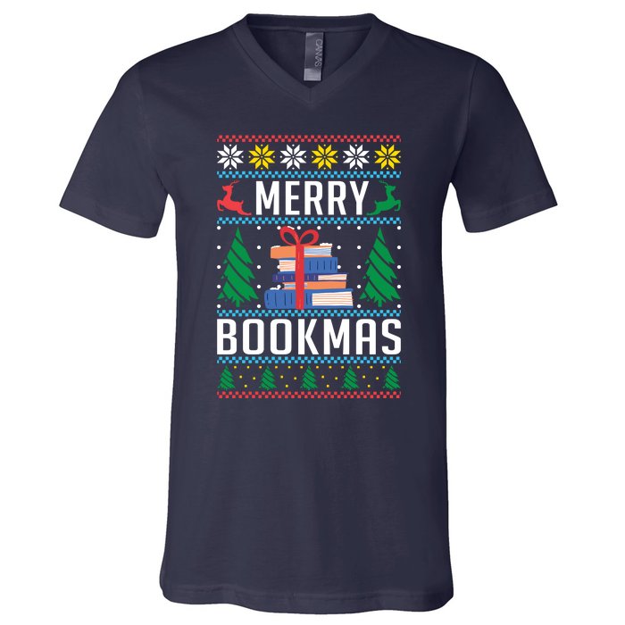 Merry Bookmas Christmas Holiday Book Lover Xmas V-Neck T-Shirt