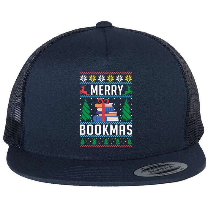 Merry Bookmas Christmas Holiday Book Lover Xmas Flat Bill Trucker Hat