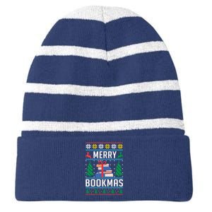 Merry Bookmas Christmas Holiday Book Lover Xmas Striped Beanie with Solid Band