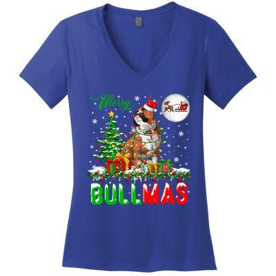 Merry Bullmas Cute Santa Reindeer Bulldog Xmas Owner Lover Gift Women's V-Neck T-Shirt