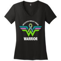 Metastatic Breast Cancer Warrior Ribbon Women's V-Neck T-Shirt