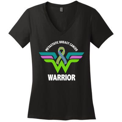 Metastatic Breast Cancer Warrior Ribbon Women's V-Neck T-Shirt