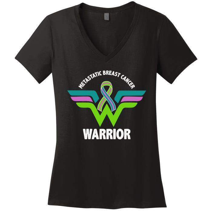 Metastatic Breast Cancer Warrior Ribbon Women's V-Neck T-Shirt