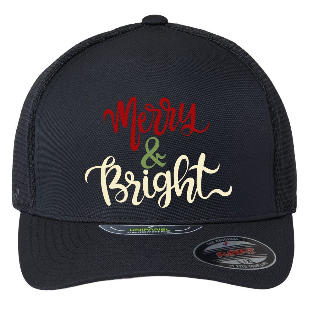 Merry & Bright Christmas Festive Holiday Spirit Flexfit Unipanel Trucker Cap