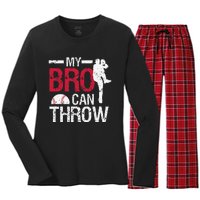 My Bro Can Throw Baseball Pitcher Biggest Fan Sister Brother Women's Long Sleeve Flannel Pajama Set 