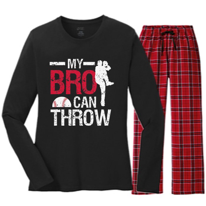 My Bro Can Throw Baseball Pitcher Biggest Fan Sister Brother Women's Long Sleeve Flannel Pajama Set 