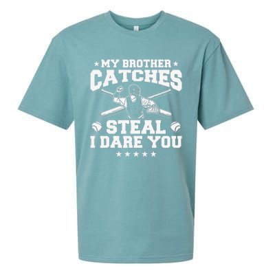 My Brother Catches Steal I Dare You Baseball Player Sueded Cloud Jersey T-Shirt