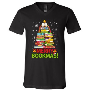 Merry Bookmas Christmas Library Tree Reading Librarian V-Neck T-Shirt