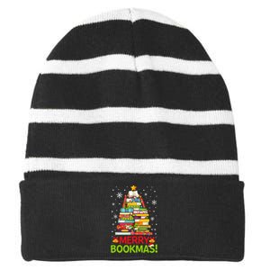 Merry Bookmas Christmas Library Tree Reading Librarian Striped Beanie with Solid Band