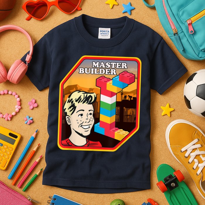 Master Builder Construction Building Blocks Bricks Engineer Kids T-Shirt