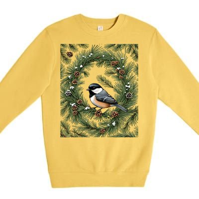 Maine Black Capped Chickadee With Pine Funny Gift Premium Crewneck Sweatshirt