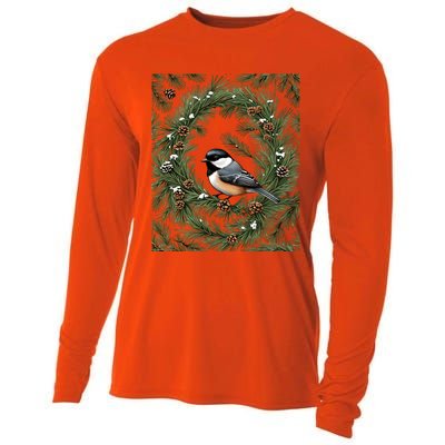 Maine Black Capped Chickadee With Pine Funny Gift Cooling Performance Long Sleeve Crew