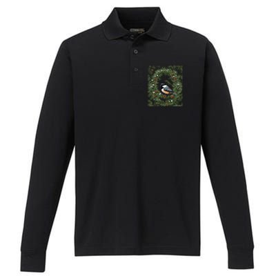 Maine Black Capped Chickadee With Pine Funny Gift Performance Long Sleeve Polo