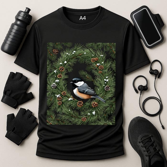 Maine Black Capped Chickadee With Pine Funny Gift Cooling Performance Crew T-Shirt