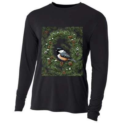 Maine Black Capped Chickadee With Pine Funny Gift Cooling Performance Long Sleeve Crew
