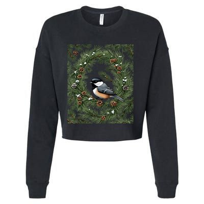 Maine Black Capped Chickadee With Pine Funny Gift Cropped Pullover Crew