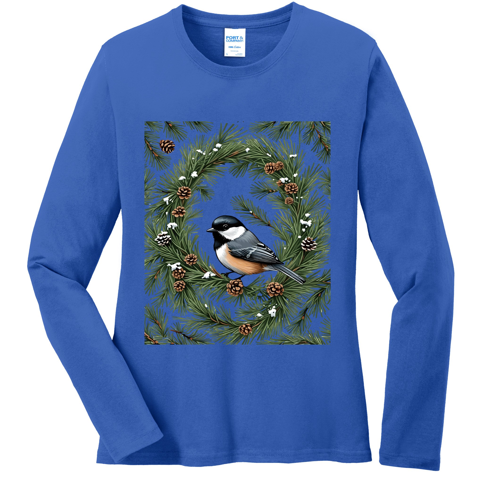 Maine Black Capped Chickadee With Pine Funny Gift Ladies Long Sleeve Shirt