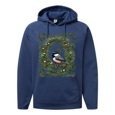 Maine Black Capped Chickadee With Pine Funny Gift Performance Fleece Hoodie