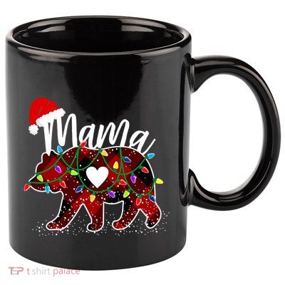 Mama Bear Christmas Red Buffalo Plaid With Santa Hat Lights Gift 11oz C Handle Ceramic Mug