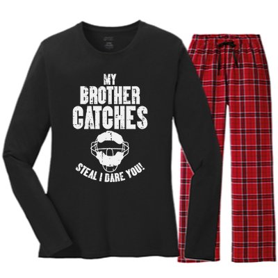 My Brother Catches Baseball Catcher Women's Long Sleeve Flannel Pajama Set 