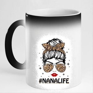 Messy Bun Classy Nana Life Leopard Pattern Shades Bleached Gift 11oz Black Color Changing Mug