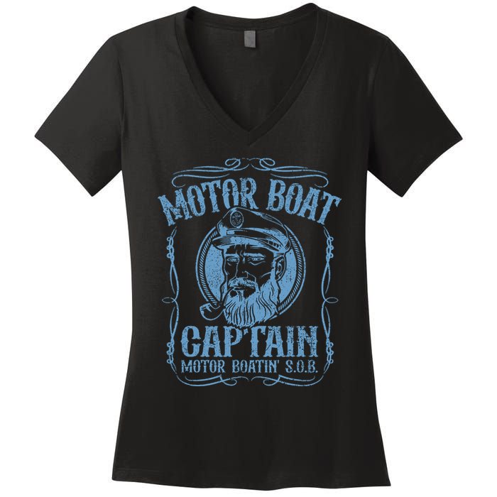 Motor Boat Captain Funny Pontoon Boating Boatin Lake Women's V-Neck T-Shirt