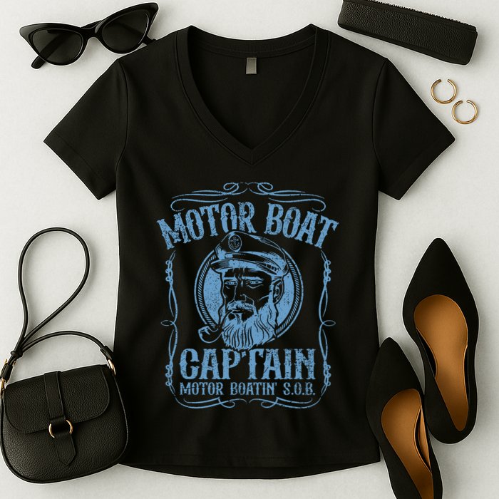 Motor Boat Captain Funny Pontoon Boating Boatin Lake Women's V-Neck T-Shirt