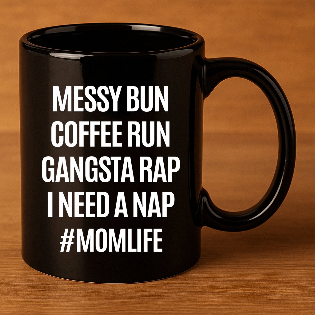 Messy Bun Coffee Run Gangsta Rap I Need A Nap Momlife 11oz C Handle Ceramic Mug